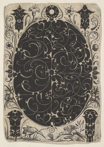 Soikea kotelo, joka on koristeltu Schweifwerkillä kahdessa vaihtoehdossa, pienten kuvioiden ympäröimänä..., n. 1614-19.