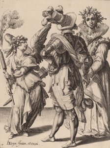 Silmät sidottu Amor, joka pitää soihtua pariskunnan edessä, Zacharias Dolendon käsialaa, 1595-6 (kaiverrus kerrostetulle paperille).
