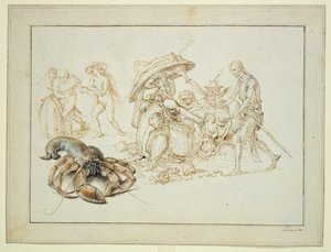 Hummeri ja kaksi noitaa, n. 1602 (kynä ja akvarelli paperille) tekijältä Jacques II de Gheyn