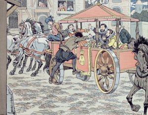 Henri IV:n salamurha Francois Ravaillacin toimesta rue de la Ferroneriella 14. toukokuuta 1610, noin 1900 tekijältä Jacques Marie Gaston Onfray de Breville (Job)