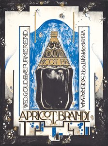 Aprikoosibrändiä mainostava juliste, viini- ja sherrymyyjä Oudille, n.1920 (värilitho) tekijältä Jacques Jongert