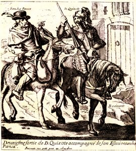 Don Quijote Rossinanten selässä, seuranaan Sancho Panca aasinsa Grisonin selässä, noin 1640 (kuva). tekijältä Jacques Lagniet