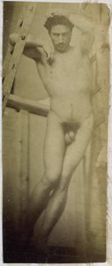 Jacques de Lalaingin studiossa tutkimus puutelineessä roikkuvasta miesalastomallista tekijältä Jacques Lalaing (attributed to)