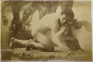 Tutkimus lattialla makaavasta ja mallinuken kanssa painivasta miesalastomallista Jacques de Lalaingin studiossa, mahdollisesti Painit-maalauksen esiselvitys tekijältä Jacques Lalaing (attributed to)
