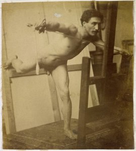Jacques de Lalaingin studiossa tutkitaan miesalastonta mallia, joka nojaa eteenpäin oikea jalka takana tekijältä Jacques Lalaing (attributed to)