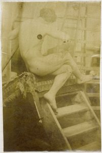 Tutkimus miespuolisesta alastonmallista, selästä katsottuna ja istuu askelmassa Jacques de Lalaingin studiossa tekijältä Jacques Lalaing (attributed to)