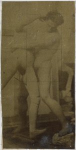 Jacques de Lalaingin studiossa tutkitaan miesalastonta mallia, seisomassa ja painimassa mannekiinin kanssa, mahdollisesti Painit-maalauksen esiselvitys tekijältä Jacques Lalaing (attributed to)