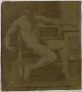 Jacques de Lalaingin studiossa tutkimus alaston miesmallista, joka istuu askelmassa, edestä katsottuna köysi ja jousi sylissään tekijältä Jacques Lalaing (attributed to)