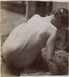 Selvitys naispuolisesta alastomasta mallista katsottuna takaa katsottuna Jacques de Lalaingin studiossa, esiselvitys Musee des Beaux arts, Tournain suihkulähteen elementille ja pyöreälle suihkulähteelle tekijältä Jacques Lalaing (attributed to)
