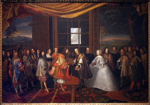 Kolmikymmenvuotinen sota: "" Ranskan kuninkaan Ludvig XIV:n (1638-1715) ja Espanjan Filip IV:n (1605-1665) haastattelu Paisansin saarella 7.11.1659" Espanja suostuu allekirjoittamaan sopimuksen Pyreneet. Philip IV:n tytär Marie Therese (Marie-Therese) tekijältä Jacques Laumosnier