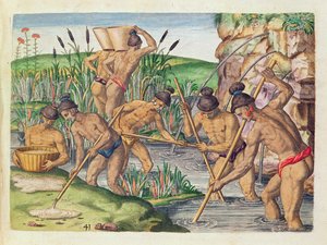 Miten intiaanit keräävät kultaa puroista, teoksesta "Brevis Narratio...", jonka on kaiverruttanut Theodore de Bry (1528-98) ja joka julkaistiin Frankfurtissa vuonna 1591.