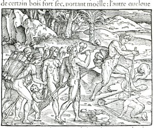 Intiaanit, jotka tekevät tulta metsästyksen jälkeen, kaiverrus Theodor de Bry (1525-75) tekijältä Jacques Le Moyne