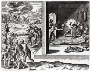 Intialaiset hautajaisrituaalit, "Americae", kirjoittanut ja kaivertanut Theodor de Bry (1525-75), 1602 tekijältä Jacques Le Moyne
