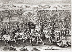 Outina voittaa Patanoun ranskalaisten avulla, Florida, 1564, Theodore de Bryn (1528-98) kaiverruksesta "Brevis Narratio" 1591 (katso myös 223425 ja 173458). tekijältä Jacques Le Moyne