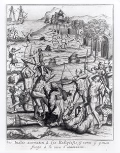 Intiaanit hyökkäämässä pappeja ja muita vastaan ja sytyttävät heidän talonsa, kaiverrus "Americae", kirjoittanut ja kaivertanut Theodor de Bry (1528-98) tekijältä Jacques Le Moyne