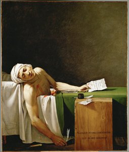 Jean Paul Marat, poliitikko ja tiedottaja, kuollut kylpyammeessaan, Charlotte Cordayn murhaama ... tekijältä Jacques Louis David