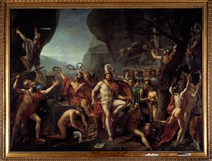 Leonidas Termopyyleille Jakso Termopyylien taistelusta vuonna 480 eaa., vastustaen kreikkalaisia Xerxes I:n persialaisia, Leonidas I Spartan kuningas, kädestä pitäen, istuu kalliolla, lähellä Herkuleen alttaria, takana joukko Spartans etenee t tekijältä Jacques Louis David