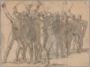 Alastomia sotilaita elehtimässä aseillaan (recto); Kaksi verhotutkimusta Tatiuksen hahmosta (käänteinen) tekijältä Jacques Louis David