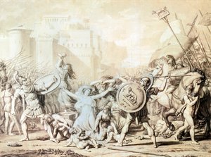 Tutkimus sabiininaisten raiskauksesta (kynä, muste, akvarelli ja lyijykynäpiirros) tekijältä Jacques Louis David
