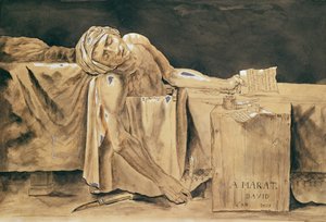 Maratin kuolema, 1793 (kynä, muste ja wc paperilla) tekijältä Jacques Louis David