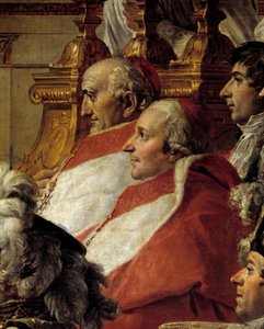 Napoleonin riitti. Yksityiskohta, joka kuvaa kardinaaleja ja Jean Baptiste Jules Bernadottea (1763-1844) keisari Napoleon I Bonaparten pyhyyden ja Imperatrice Josephinen kruunauksen aikana Notre-Dame de Parisissa 2. joulukuuta tekijältä Jacques Louis David