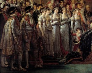 Napoleonin riitti. Yksityiskohta, joka kuvaa keisarin veljiä ja sisaria keisari Napoleon I Bonaparten pyhän ja Imperatrice Josephinen kruunauksen aikana Notre-Dame de Parisissa 2. joulukuuta tekijältä Jacques Louis David