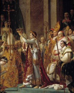 Napoleonin riitti. Yksityiskohta Napoleonista kruunussa keisari Napoleon I Bonaparten pyhän ja Imperatrice Josephinen kruunauksen aikana Notre-Dame de Parisissa 2. joulukuuta tekijältä Jacques Louis David