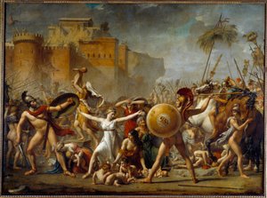 Sabiinit seisomassa roomalaisten aviomiestensä (oikealla) ja sabiiniveljensä (vasemmalla) välillä näyttäen heille lapsiaan - Jacques-Louis (Jacques Louis) Davidin (1748-1825) maalaus tekijältä Jacques Louis David