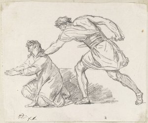 Soturi tarttuu polvistuvaan hahmoon tekijältä Jacques Louis David