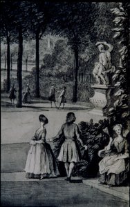 Yksityiskohta "The Poplar Grove, Lord Burlingtonin Chiswick Villa" (kynä ja muste vesivärillä paperilla) tekijältä Jacques Rigaud