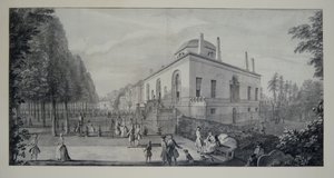 Lord Burlingtonin uuspalladiaaninen huvila Chiswickissä ja Jacobean House (kynä ja muste pesulla paperille) tekijältä Jacques Rigaud