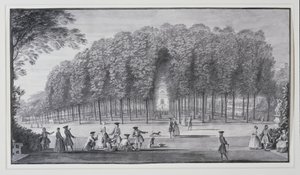 "The Poplar Grove, Lord Burlingtonin Chiswick Villa" (kynä ja muste vesivärillä paperille) tekijältä Jacques Rigaud