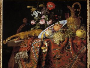 Asetelma viululla ja akvamariinilla Jacques Samuel Bernardin (1615-1687) maalaus tekijältä Jacques Samuel Bernard