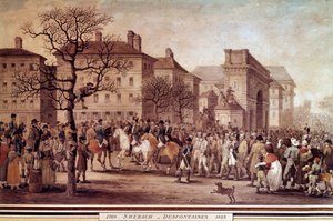 Ranskan kampanja vuonna 1814: "" Entrée Pariisissa liittoutuneiden armeijoiden (mukaan lukien Venäjä ja Preussi) vangeista Marechal Monceyn komentaman kansalliskaartin saattajana 9.3.1814"" Litografia Jacques Swebach-Desfontaines (1769- 1823) tekijältä Jacques Swebach-Desfontaines