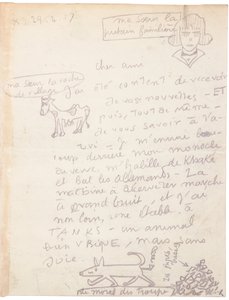 Nimikirjoituskirje piirroksin tekijältä Jacques Vache
