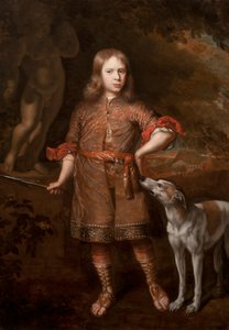 Muotokuva pojasta metsästäjänä pitelemässä villisian keihästä vinttikoiran kanssa, 1670-luvun puoliväli