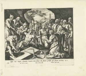 Lasaruksen herättäminen Vita, passio et resvrrectio Iesv Christi (sarjan nimi) Kristuksen elämä, kärsimys ja ylösnousemus (sarjan nimi) tekijältä Jacques de Bie