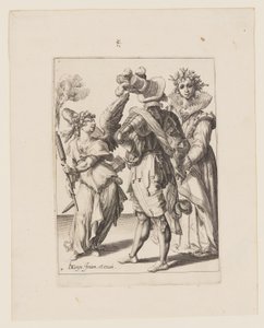 Silmät sidottu Amor, joka pitää soihtua pariskunnan edessä, teoksesta The Masquerades (Naamiaiset) tekijältä Jacques de Gheyn II