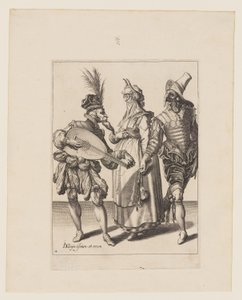 Pariskunta, jota puhuttelee luuttusoittaja, teoksesta The Masquerades (Naamiaiset) tekijältä Jacques de Gheyn II