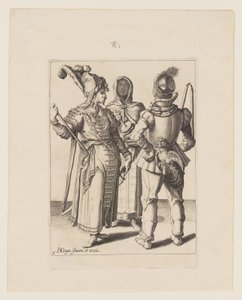 Grandee itämaisessa asussa, mies, jolla on vyöhönsä kiinnitetty kukko, ja hunnutettu nainen, joka soittaa Rumbling-pottia, elokuvasta The Masquerades (Naamiaiset). tekijältä Jacques de Gheyn II