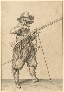 Sotilas vartiossa puhaltaa tulitikkua tekijältä Jacques de Gheyn II