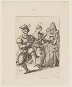 Hunnutettu nainen ja kaksi muusikkoa, jotka soittavat ritilää ja puhallinta, teoksesta The Masquerades (Naamiaiset). tekijältä Jacques de Gheyn II