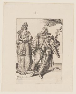 Nainen, jota johtaa soihtua pitelevä pelaaja, elokuvasta The Masquerades (Naamiaiset). tekijältä Jacques de Gheyn II