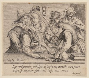 Nuori nainen nuoren miehen ja vanhan miehen välissä, kirjasta Epätasa-arvoiset rakastavaiset. tekijältä Jacques de Gheyn II
