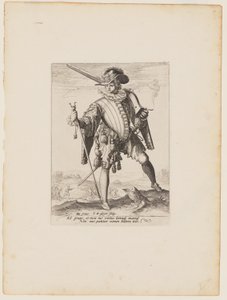 Sotilas ja arquebus, kuvasta Keisari Rudolf II:n henkivartioston upseerit ja sotilaat. tekijältä Jacques de Gheyn II