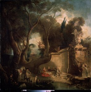 ""Lepää metsästyksen jälkeen" (Rest after the Hunt) Aateliston ilot metsästysseurueen jälkeen, nainen keinussa, piknikpaikka (piknik) maaseutu. Jacques de Lajouen (1686-1761) maalaus 1730 Pushkin-museo, Moskova