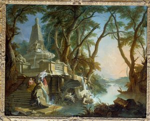 Maisema säveltää tai "joen" Pyramidin muotoinen suihkulähde Neptunuksen patsas rikki. Jacques de Lajouen (1686-1761) maalaus 1700-luvun aurinko. 0,81 x 1,01 m