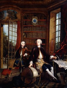 Muotokuva taiteilijan pojasta opettajan kanssa, jonka sanotaan olevan taiteilija Jean Baptiste de Courtonne nuorempi, kirjastossa, tekijältä Jacques de Lajoüe
