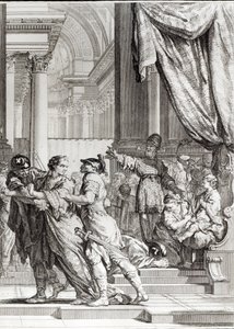 Jehoiada, Jerusalemin ylipappi julistamassa prinssi Joashin Juudan kuninkaaksi, Jean-Jacques Flipartin (1719-82) kaivertama kohtaus Jean Racinen (1639-99) "Athalie"sta