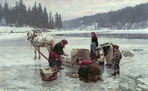 Naiset pesevät pyykkiä jääreiän läpi